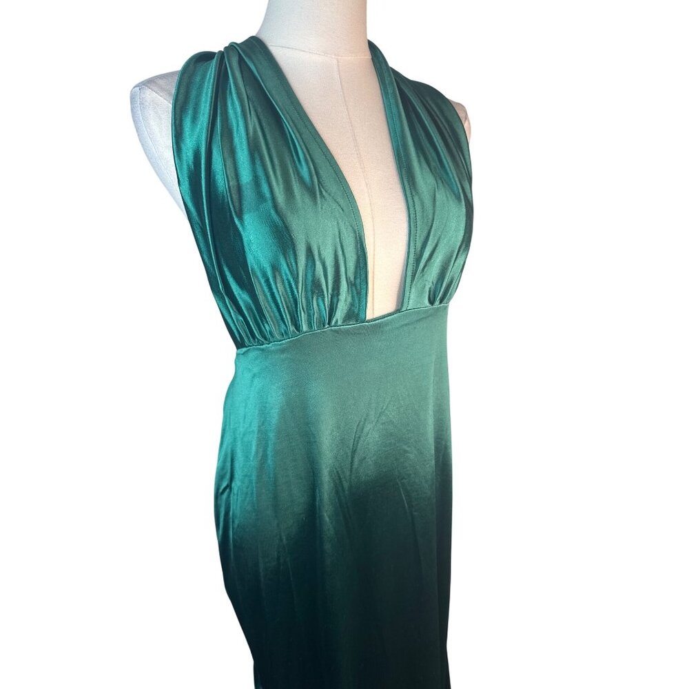 New Miss Ord Emerald Large Green Satin Halter Gown Tie & Plunging Neckline - Picture 5 of 14